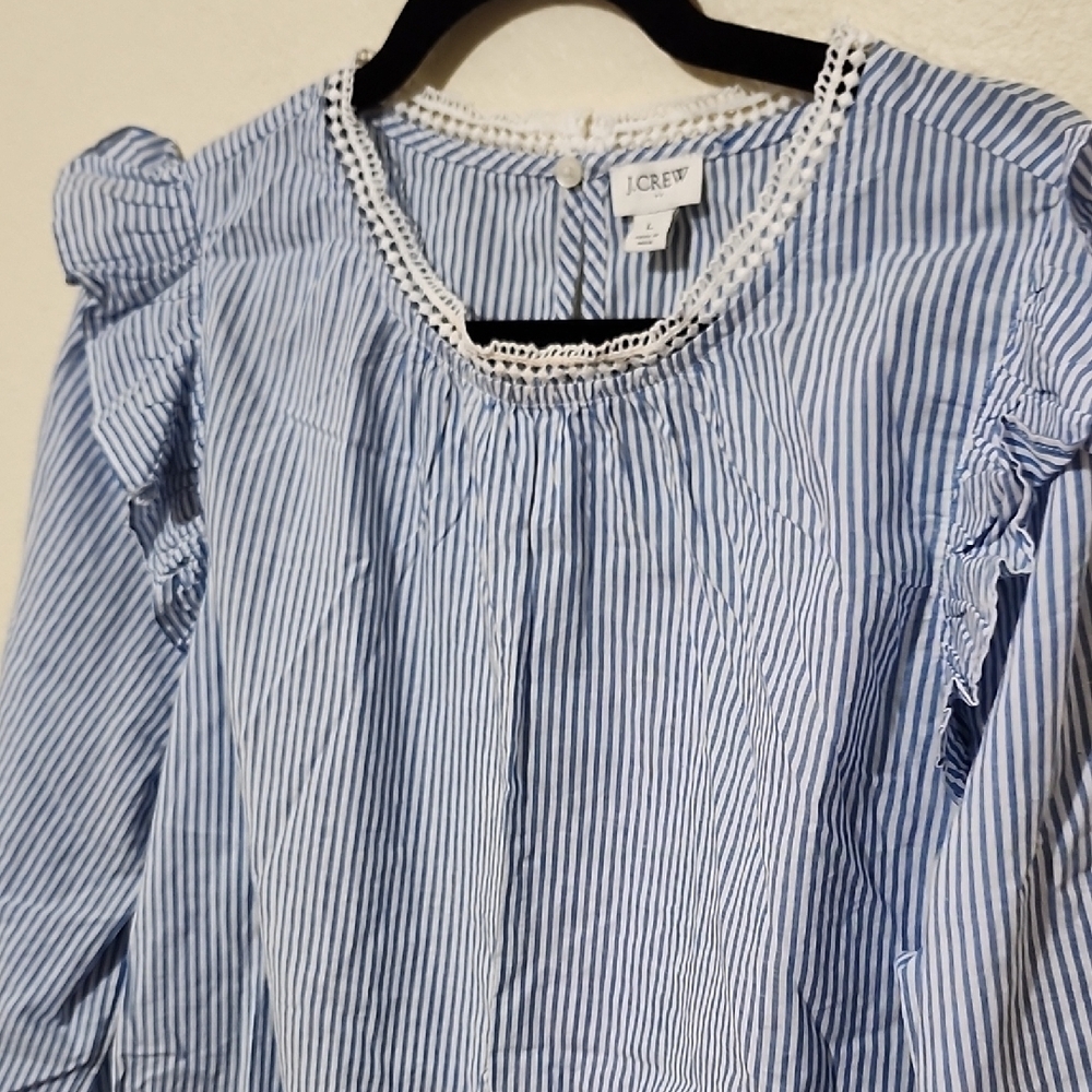 J. Crew Blue and White Ruffled Puff Sleeve Blouse - Picture 5 of 15